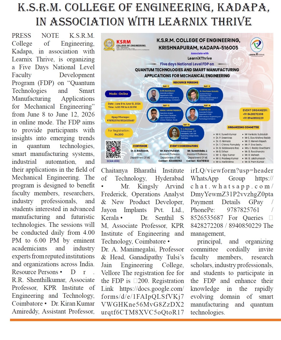 Press note covering KSRM College of Engineering FDP with LearnixThrive